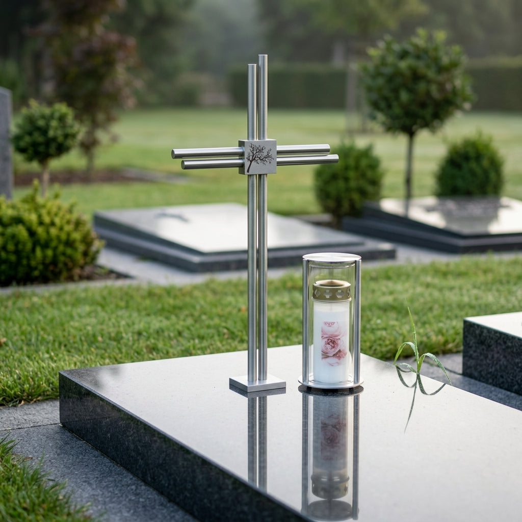 Grabkreuz Edelstahl GK35DS auf Grabstein – moderner Grabschmuck aus rostfreiem V2A Edelstahl