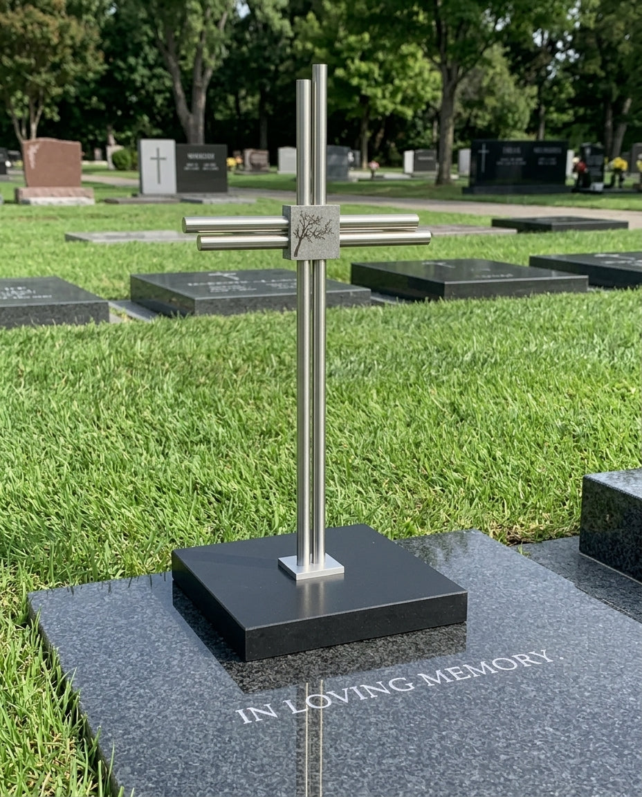 Grabkreuz Edelstahl GK35DS mit Baum-Gravur auf Grabstein – Inschrift In Loving Memory, gepflegter Friedhof