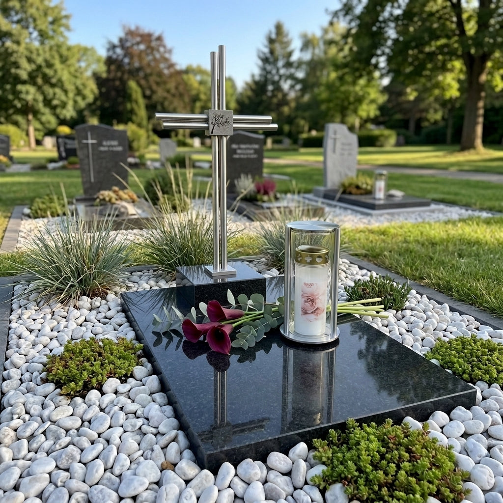 Grabkreuz Edelstahl GK35DS mit Baum-Gravur auf Grabstein – mit Grabkerze und roten Calla-Lilien