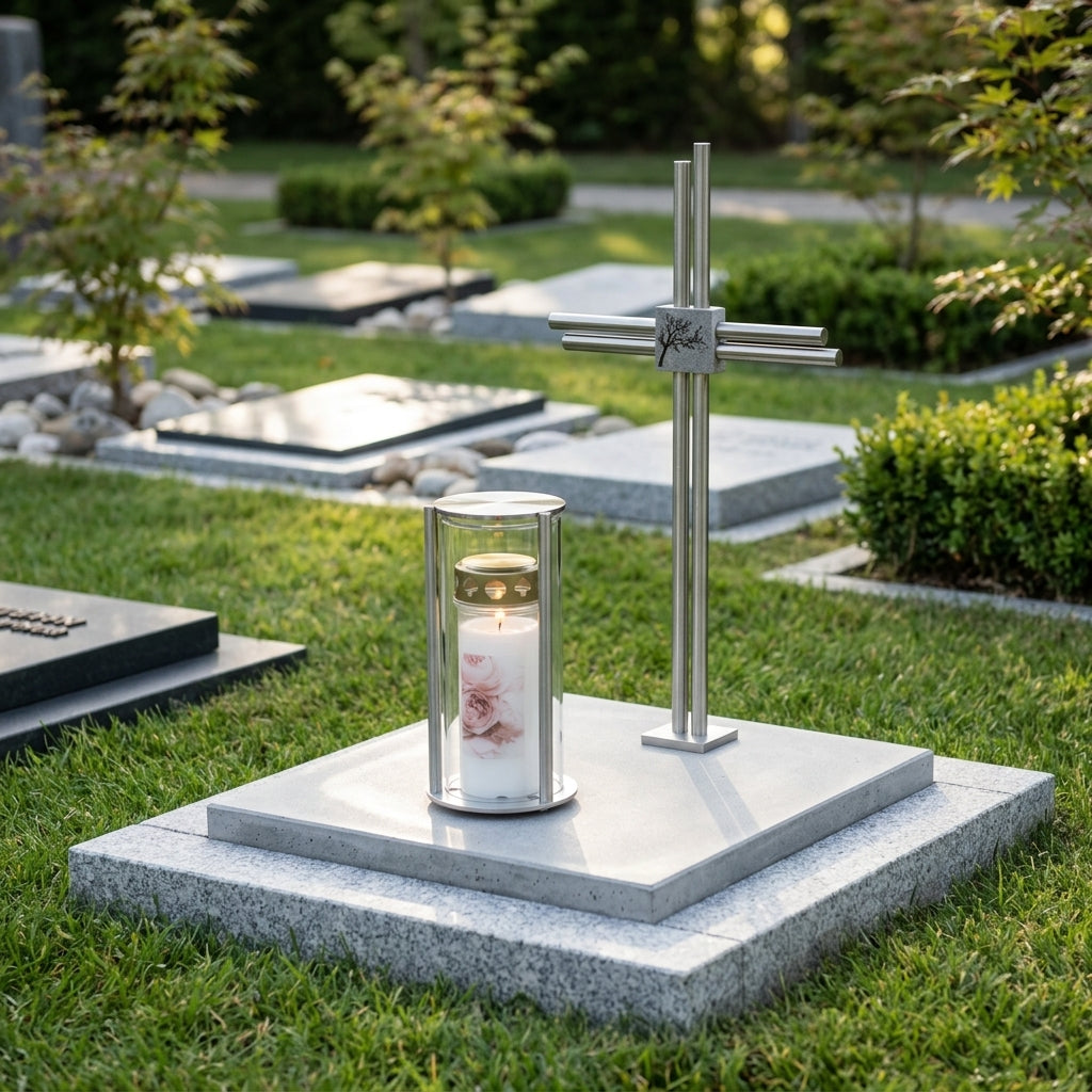 Grabkreuz Edelstahl GK35DS auf Grabstein – moderner Grabschmuck aus rostfreiem V2A Edelstahl