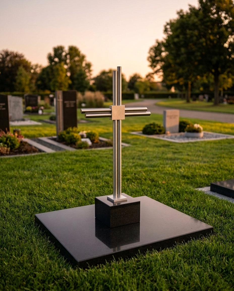 Grabkreuz Edelstahl GK35DS auf Grabstein – moderner Grabschmuck aus rostfreiem V2A Edelstahl