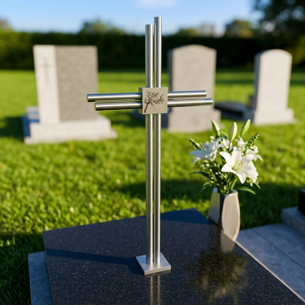 Grabkreuz Edelstahl GK35DS auf Grabstein – moderner Grabschmuck aus rostfreiem V2A Edelstahl