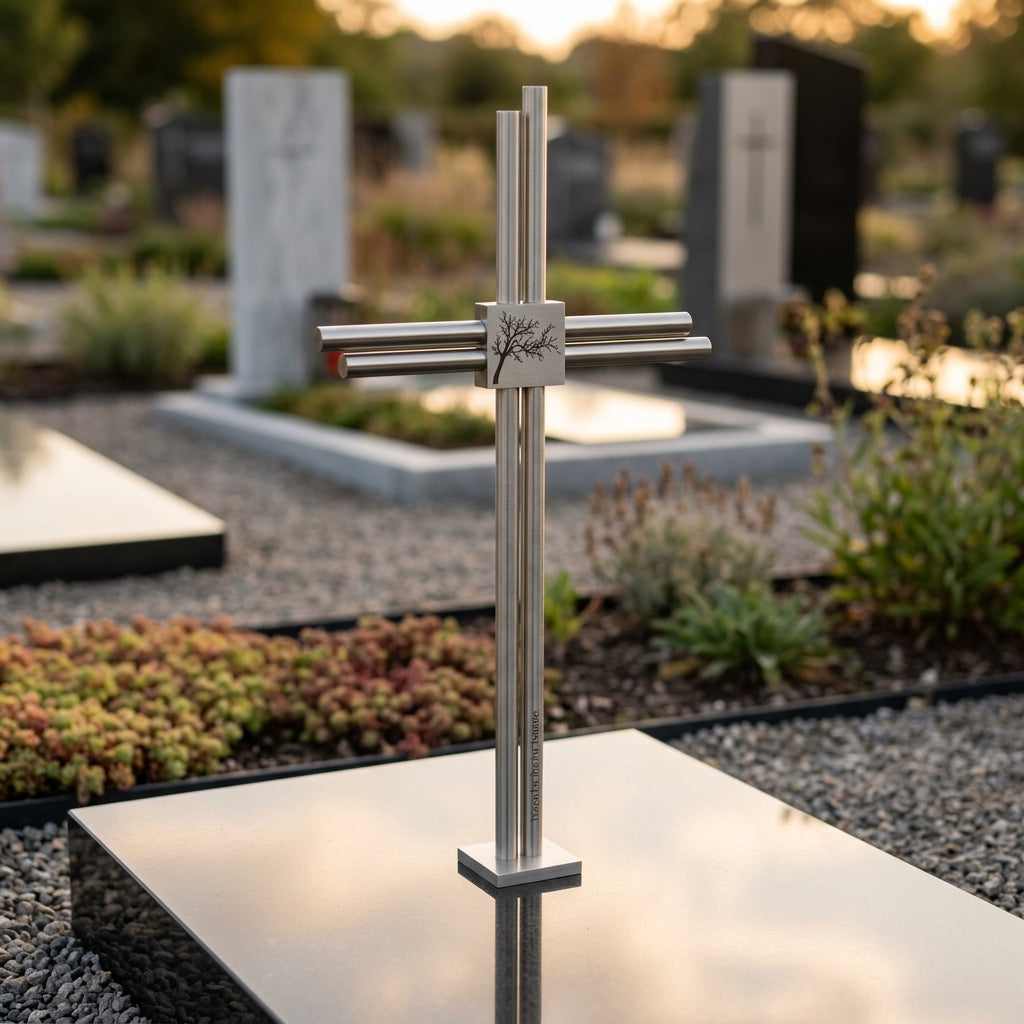 Grabkreuz Edelstahl GK35DS mit Baum-Gravur auf Grabstein – warme Abendsonne, moderner Friedhof