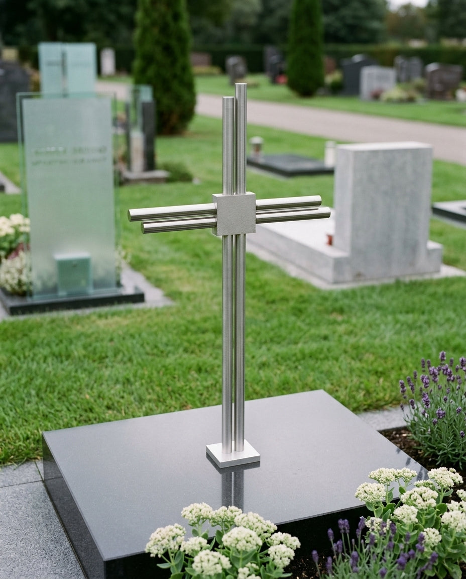 Grabkreuz Edelstahl GK35DS auf schwarzem Grabstein mit weißen Blumen und Lavendel – Bodenmontage