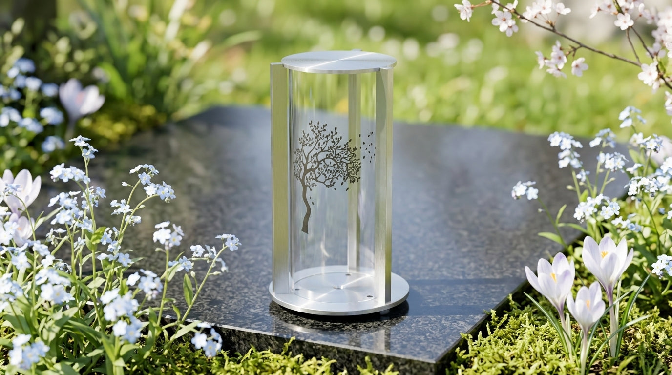 Grablaterne Edelstahl V2A RE8M 12×12×18-22 cm – rostfrei, wetterfest, mit Glaszylinder
