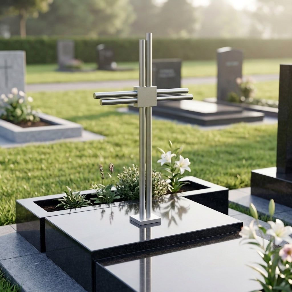 Grabkreuz Edelstahl GK35DS auf schwarzem Grabstein mit weißen Lilien – sanftes Morgenlicht