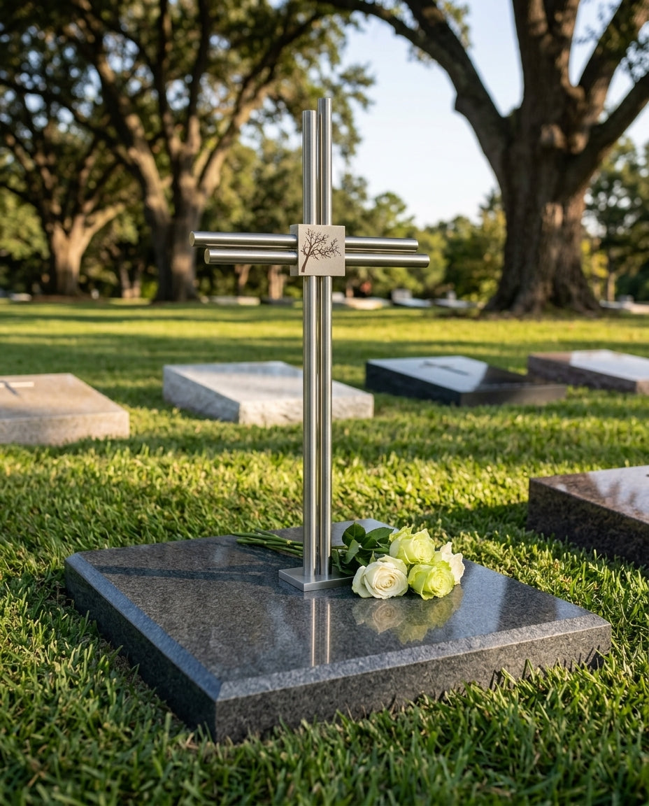 Grabkreuz Edelstahl GK35DS auf Grabstein mit weißen Rosen – sommerlicher Friedhof