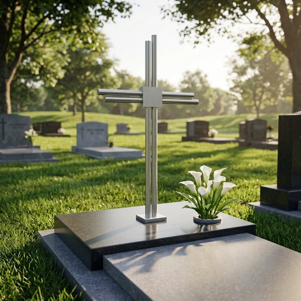 Grabkreuz Edelstahl GK35DS ohne Gravur auf schwarzem Grabstein mit weißen Calla-Lilien