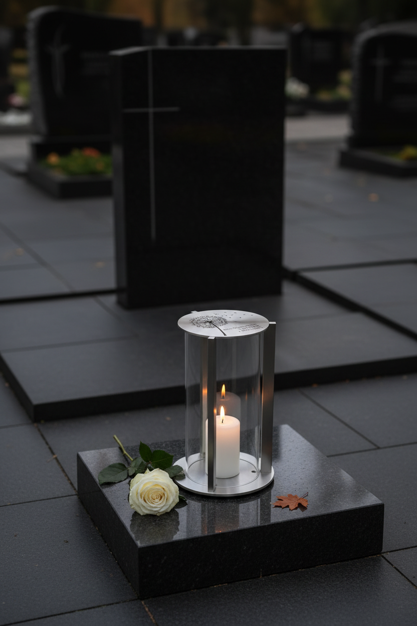Grablaterne RE10G Edelstahl – Grabschmuck auf dunklem Grabstein
