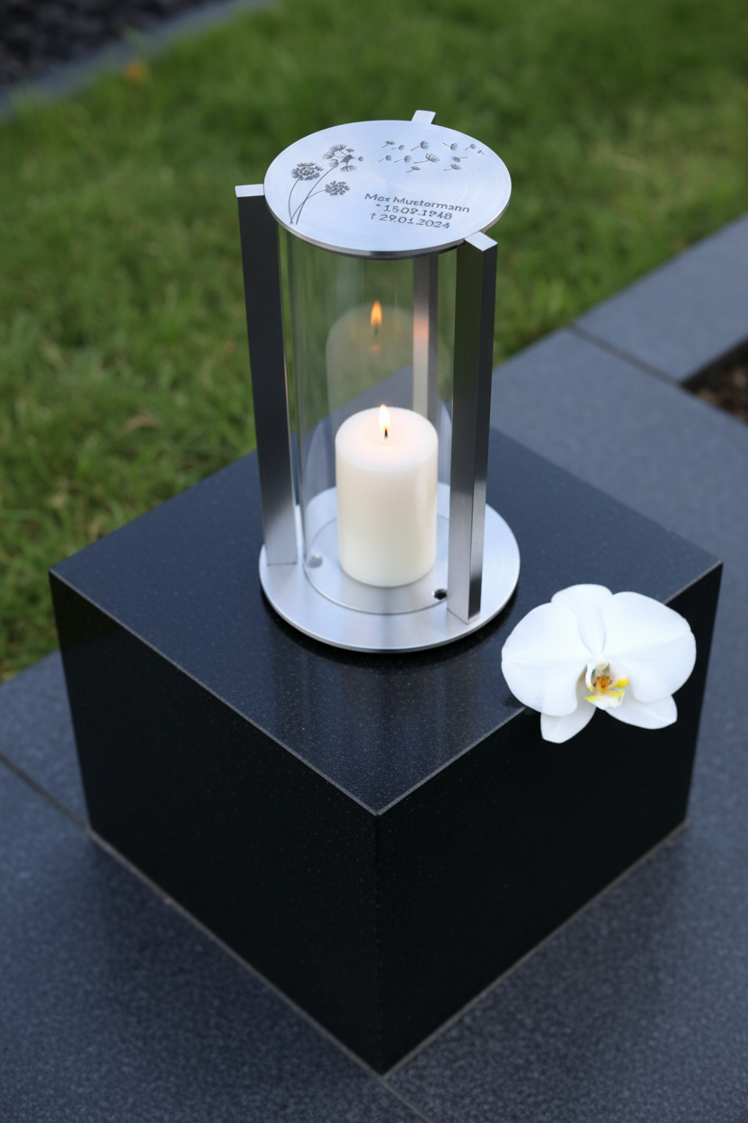 Grablaterne RE10G Edelstahl – mit Gravur-Deckel auf Steinplatte, Zen-Ambiente
