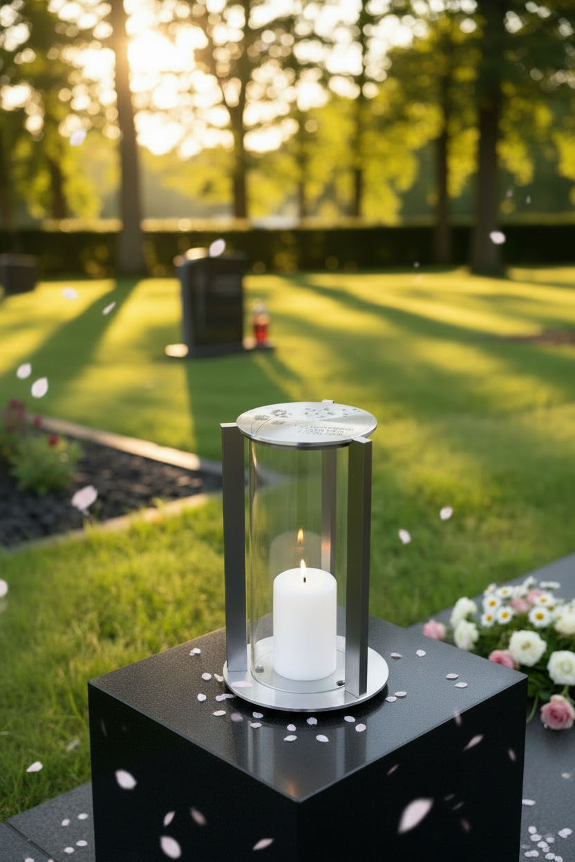 Grablaterne RE10G Edelstahl – auf Grabstein mit weißen Rosen, Friedhof Sonnenlicht
