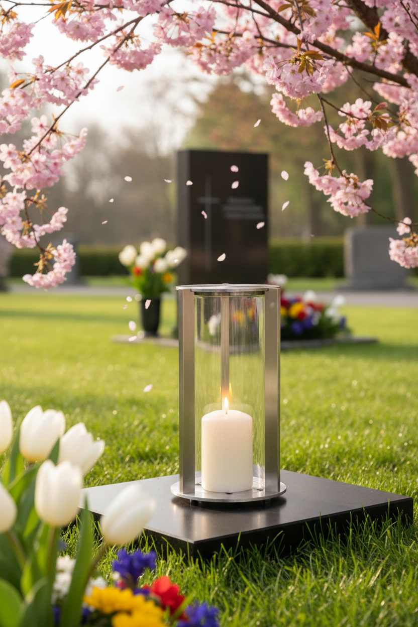 Grablaterne RE10G Edelstahl – auf Grab mit weißer Tulpe, Kiesbett Friedhof
