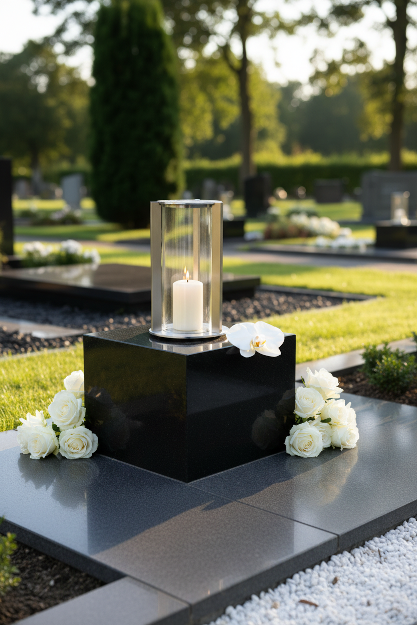 Grablaterne RE10G Edelstahl – Lifestyle Friedhof mit Blumen
