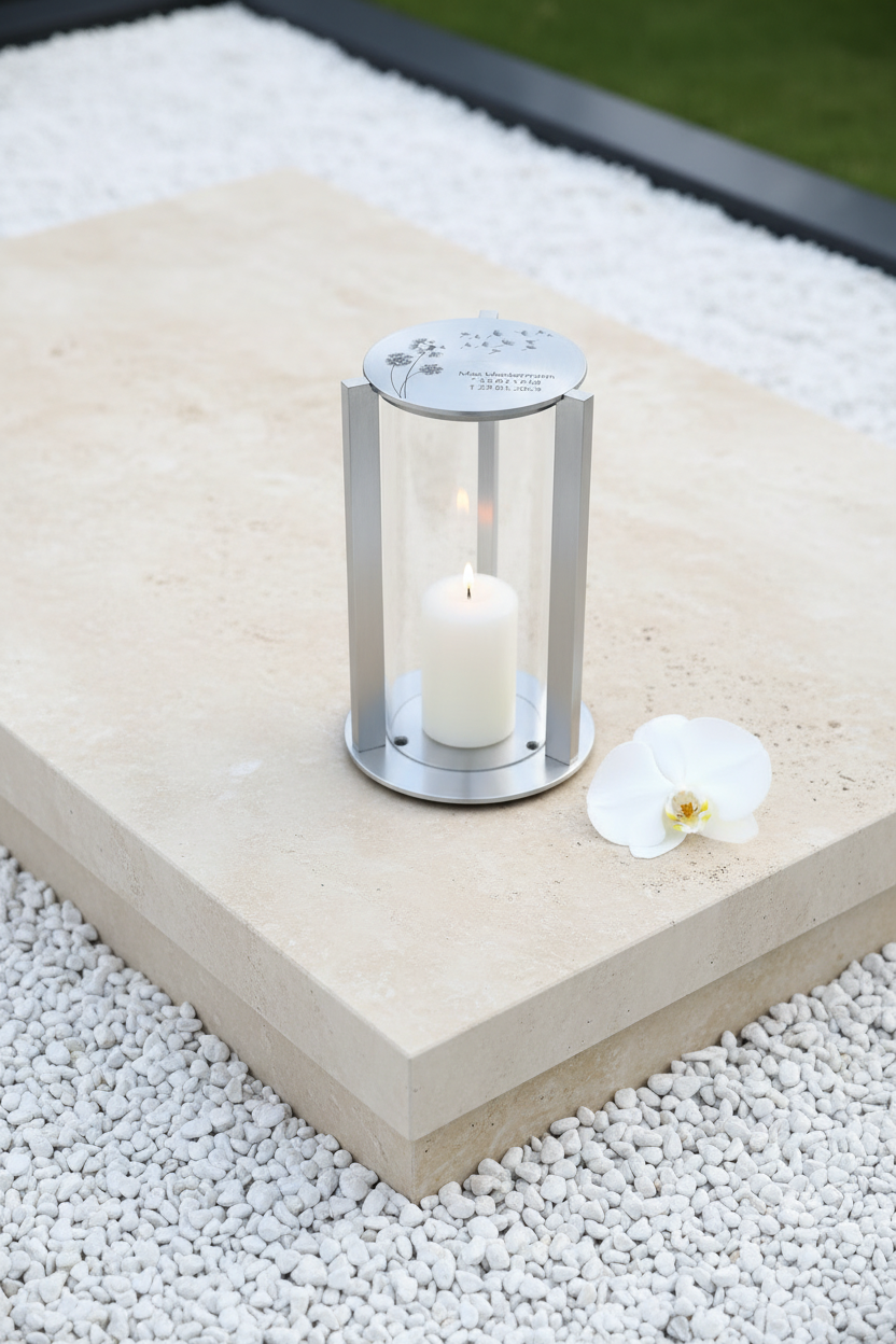Grablaterne RE10G Edelstahl – Lifestyle Friedhof mit Blumen
