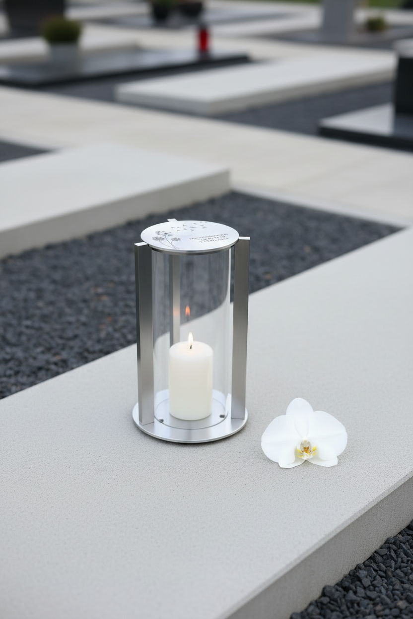 Grablaterne RE10G – Edelstahl Grablaterne mit Kerze

