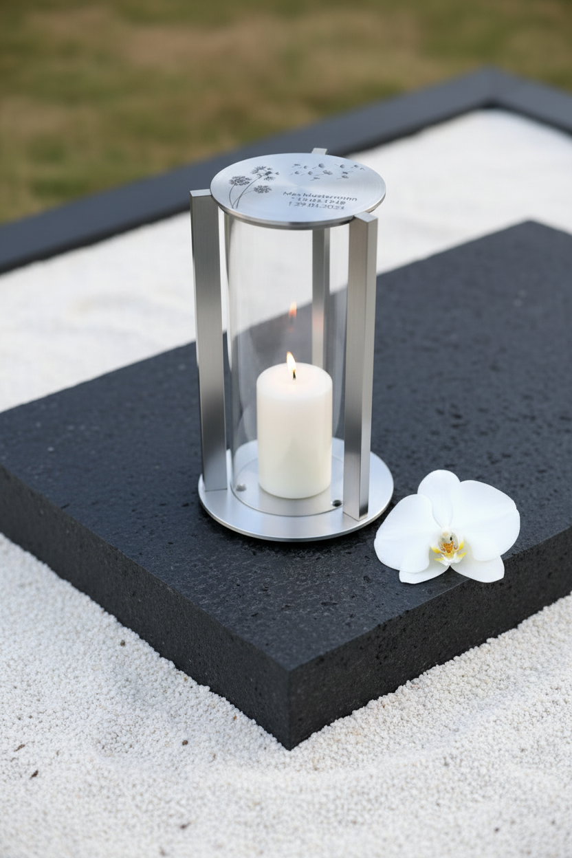 Grablaterne RE10G Edelstahl – mit Gravur-Deckel auf modernem Grab, Orchidee
