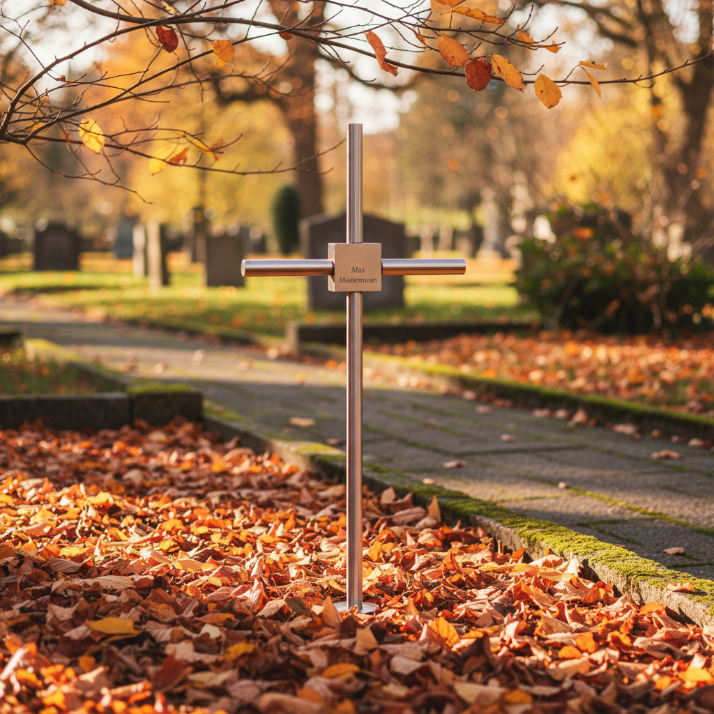 Grabkreuz GK35 Edelstahl – auf Friedhof mit Herbstlaub
