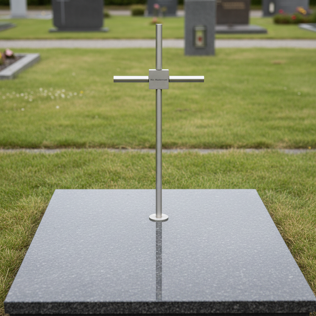 Grabkreuz GK35 Edelstahl – auf schwarzer Grabplatte, Seitenansicht
